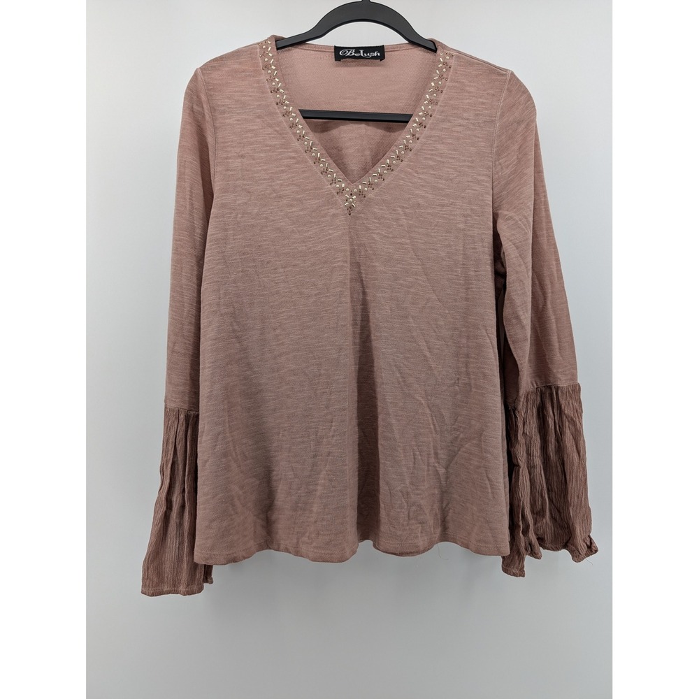 Belush Blouse Women Medium Mauve Pink Good Beaded V-Neck Bell Sleeve Boho Top